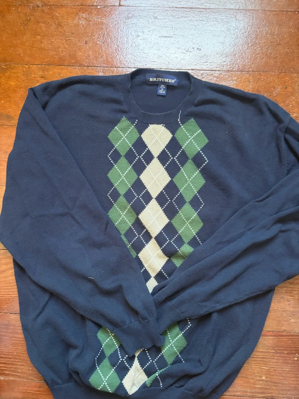 Britches Men's Navy Argyle Crewneck Sweater with Green & Cream Pattern